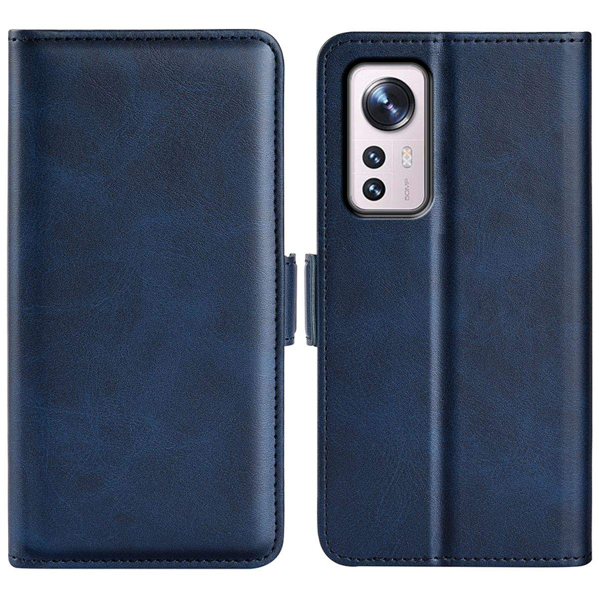 Dunkelblaue Handyhülle geöffnet. Telefon rechts. Hülle geschlossen.