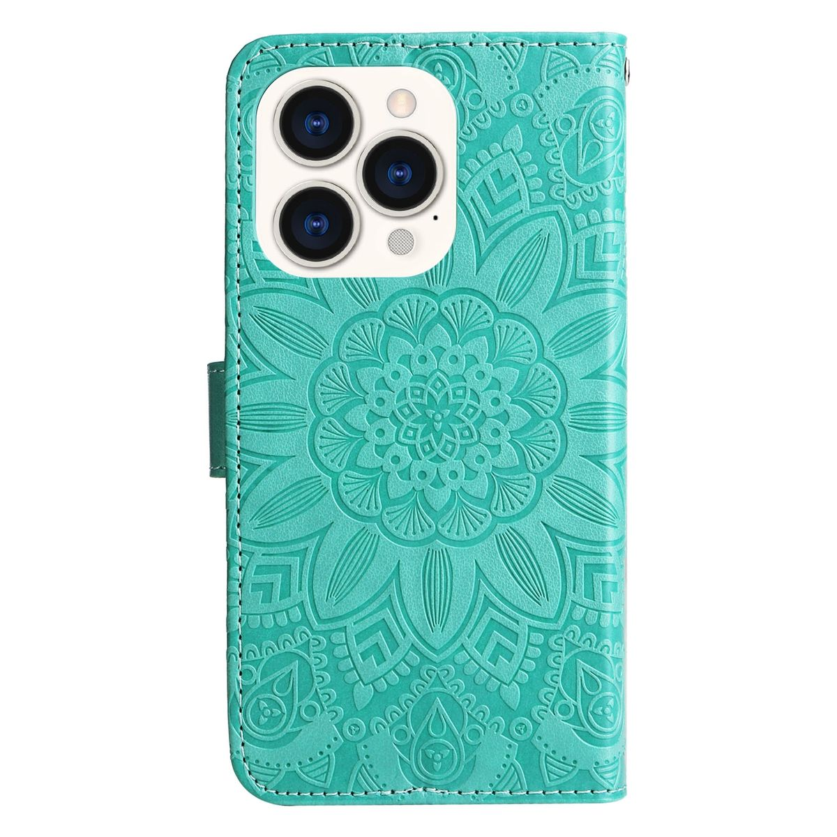 Türkisfarbene Handyhülle mit Blumendesign. Telefon hat Kamera. Der Hintergrund ist weiß.