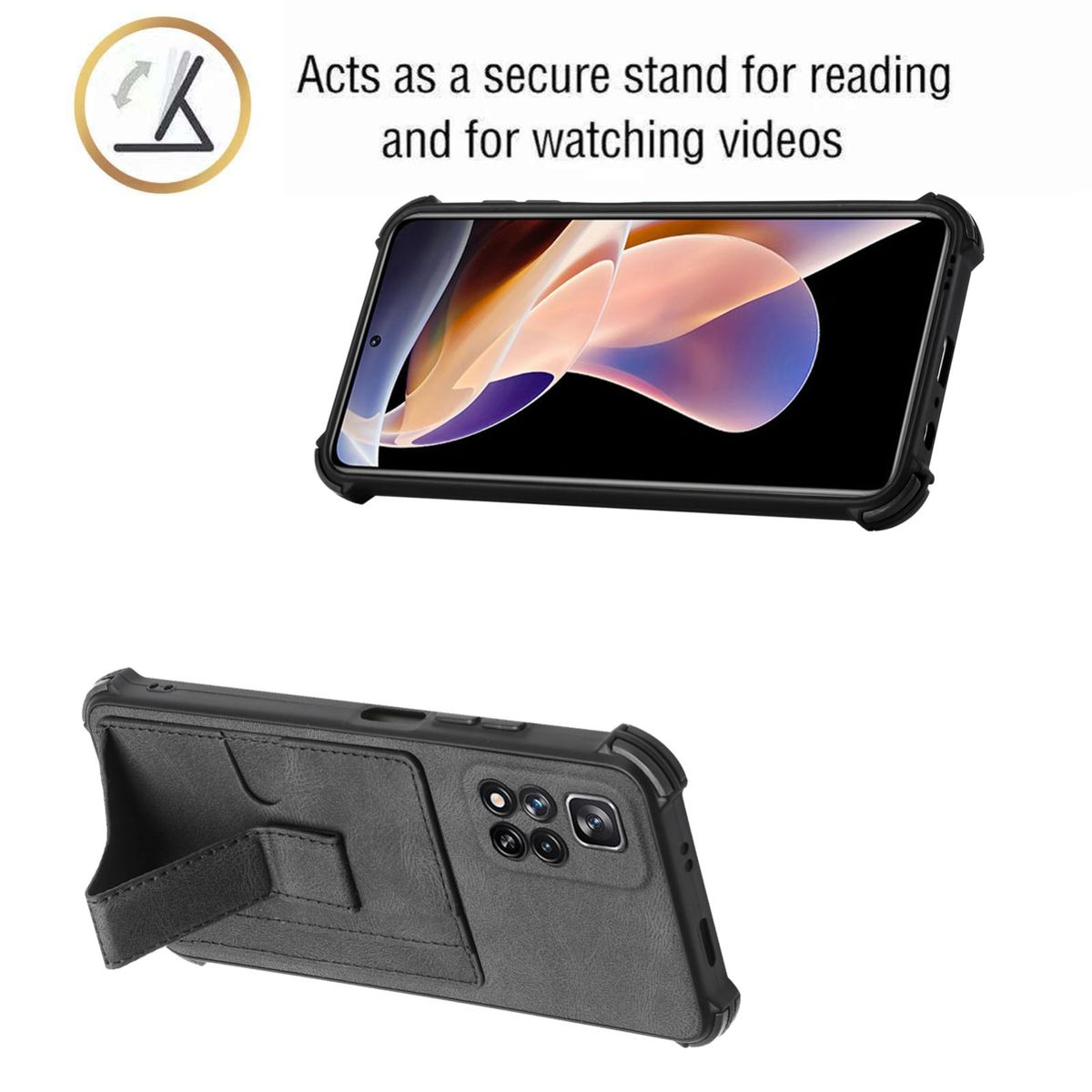 Handyhülle mit Telefon darin und Aufstellfunktion. Schwarz, mit Kamera und Ständer. Weißer Hintergrund.