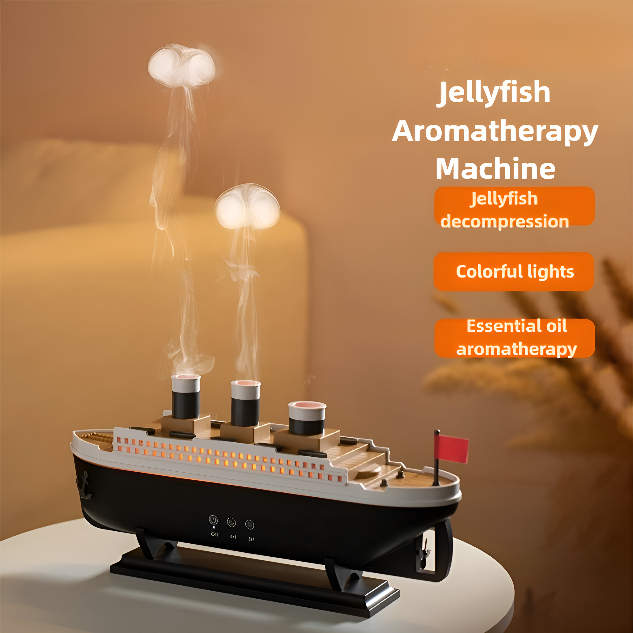 Schiffsförmige Aromatherapie-Maschine mit Rauch und Lichtern. Text: Quallen-Aromatherapie-Maschine.