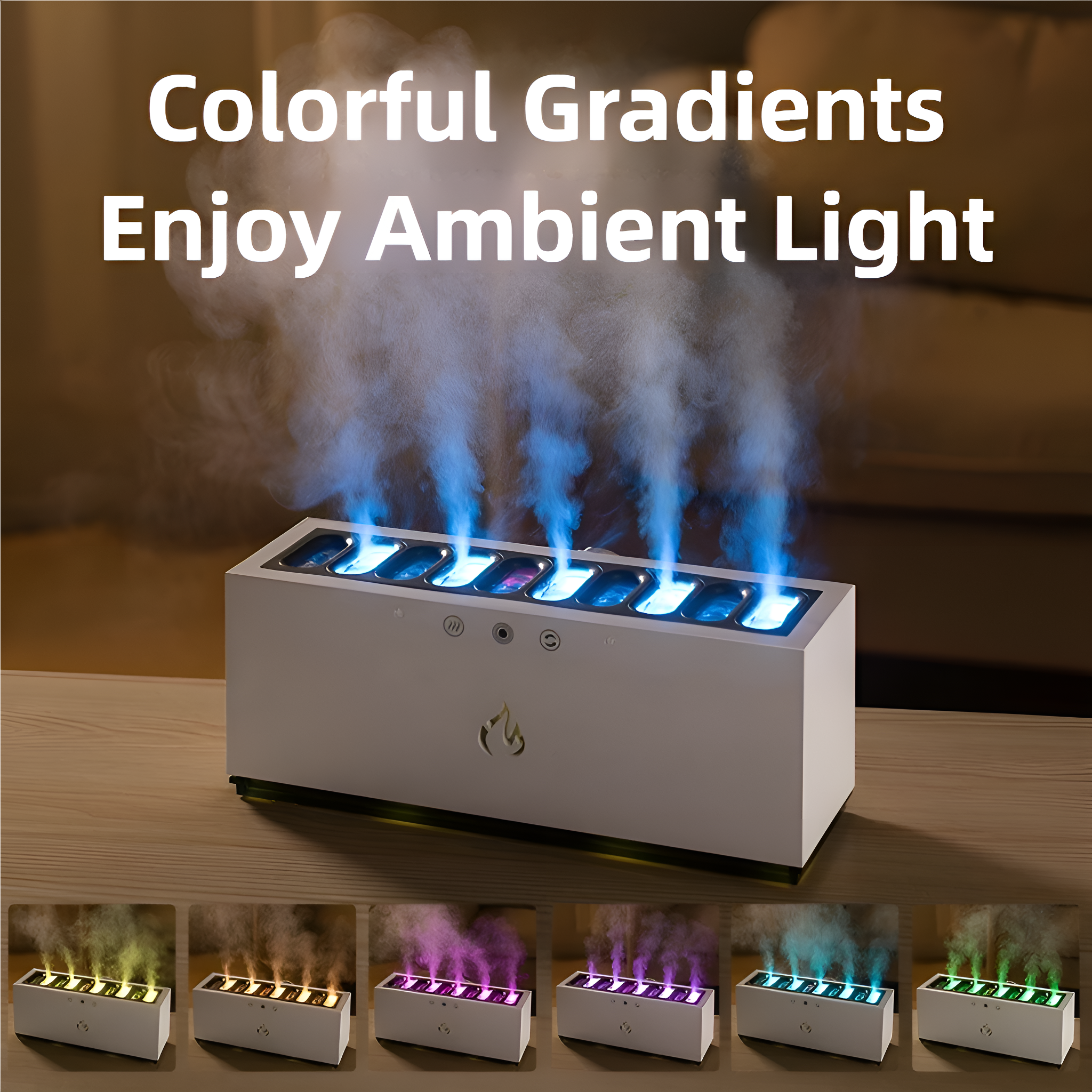 Weißes Gerät mit Lichtern. Das Gerät steht auf einem Holztisch. Es gibt mehrere farbige Lichter.