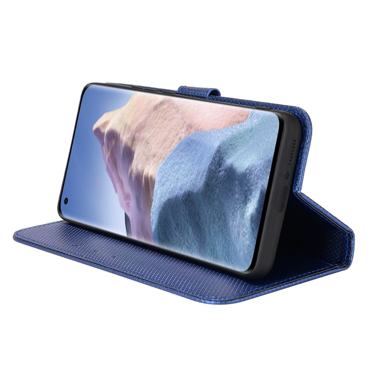 Blaue Handy-Brieftasche, Telefon innen. Telefonbildschirm sichtbar. Dunkler Hintergrund.