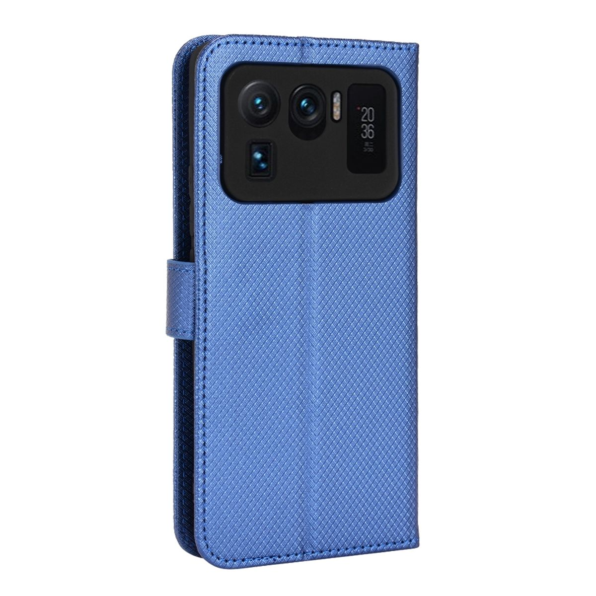 Blaue Handyhülle. Die Hülle ist geschlossen. Das Telefon hat eine Kamera und einen Bildschirm, der die Zeit anzeigt.