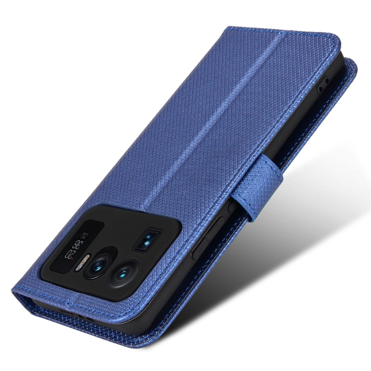 Blaue Handyhülle, geöffnet, um die Kamera des Telefons und die Rückseite des Telefons in der Hülle zu zeigen.