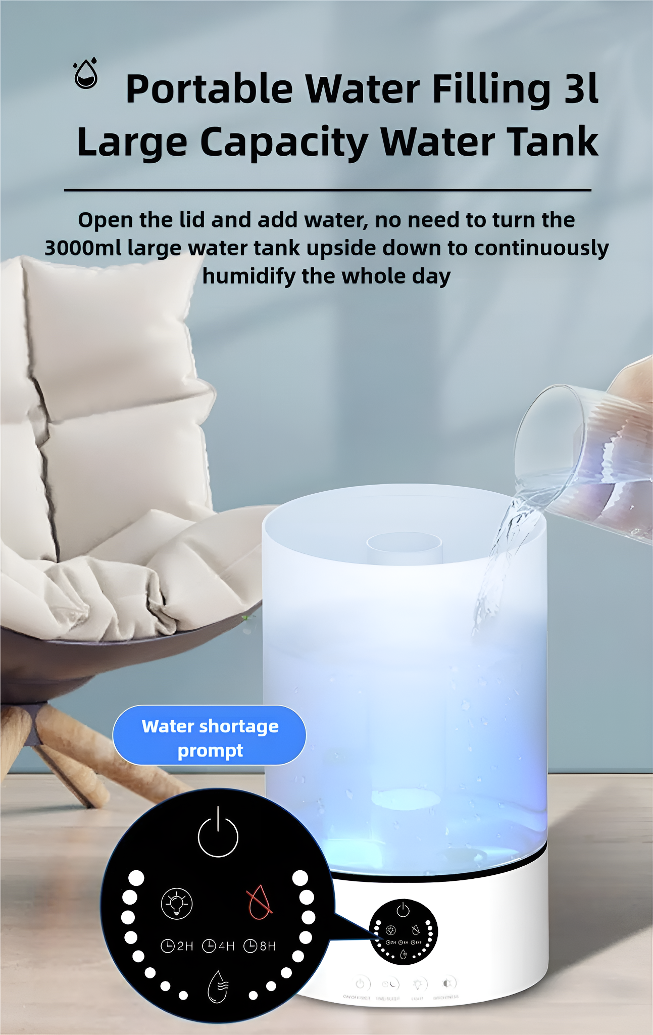 Luftbefeuchter mit Wasser, das eingefüllt wird, mit rundem Bedienfeld. Stuhl im Hintergrund.