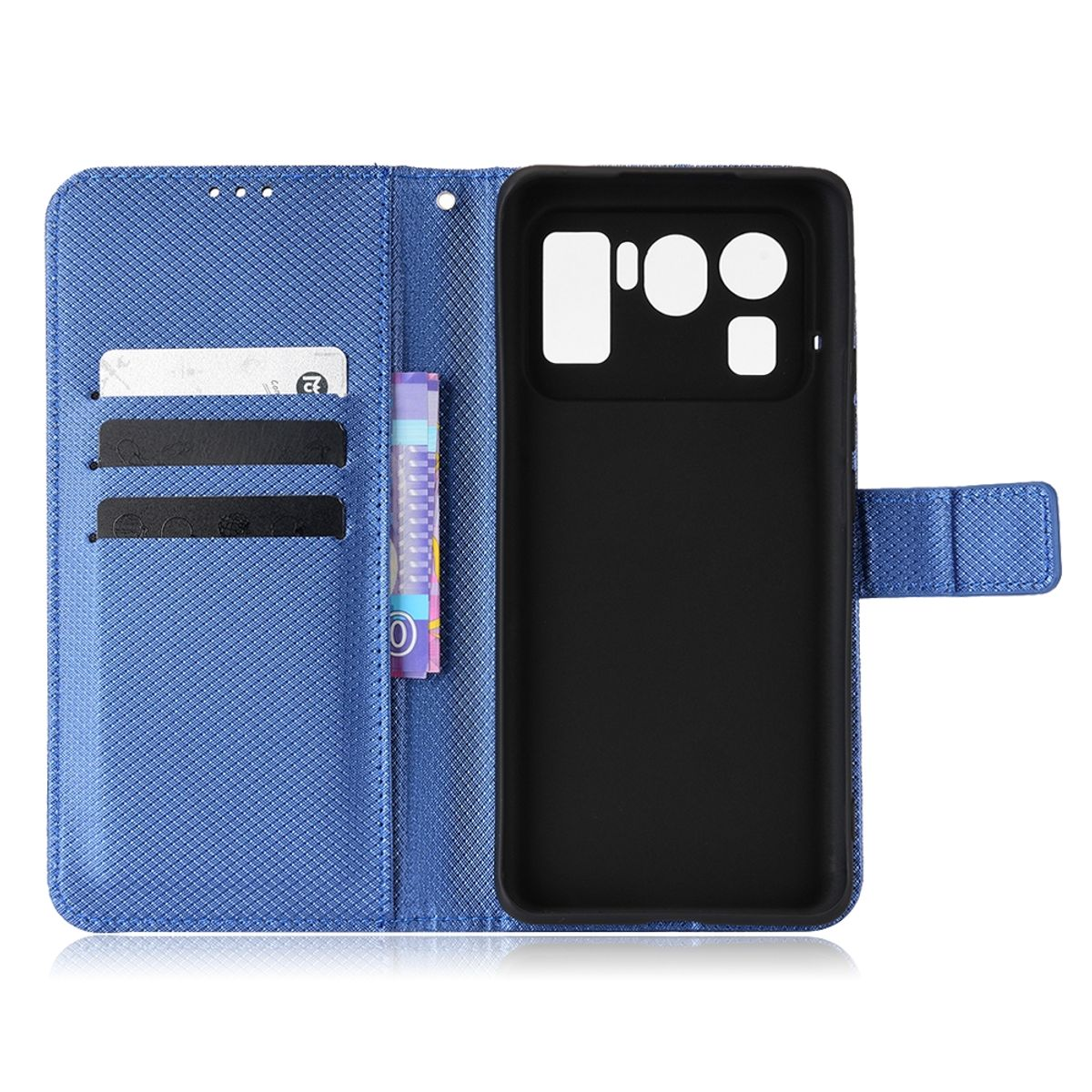 Blaue Handyhülle mit Karten und Telefon. Geöffnet, schwarzes Telefon rechts.