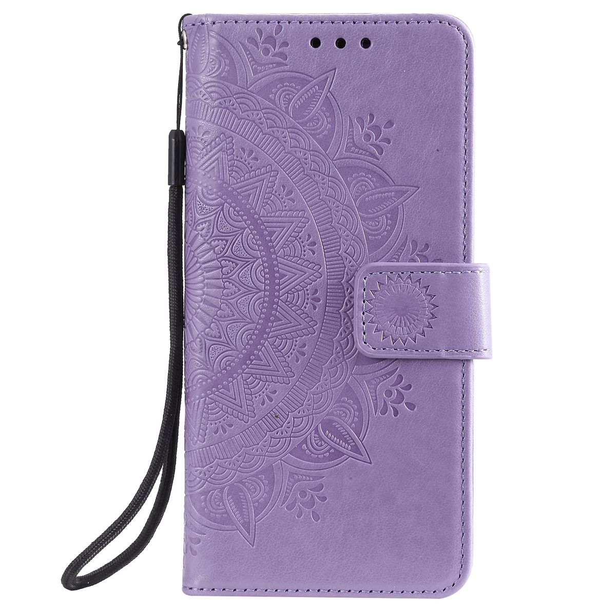 Eine lila Handyhülle mit Mandala-Design und Handschlaufe. Die Hülle ist geschlossen und hat einen Verschluss.