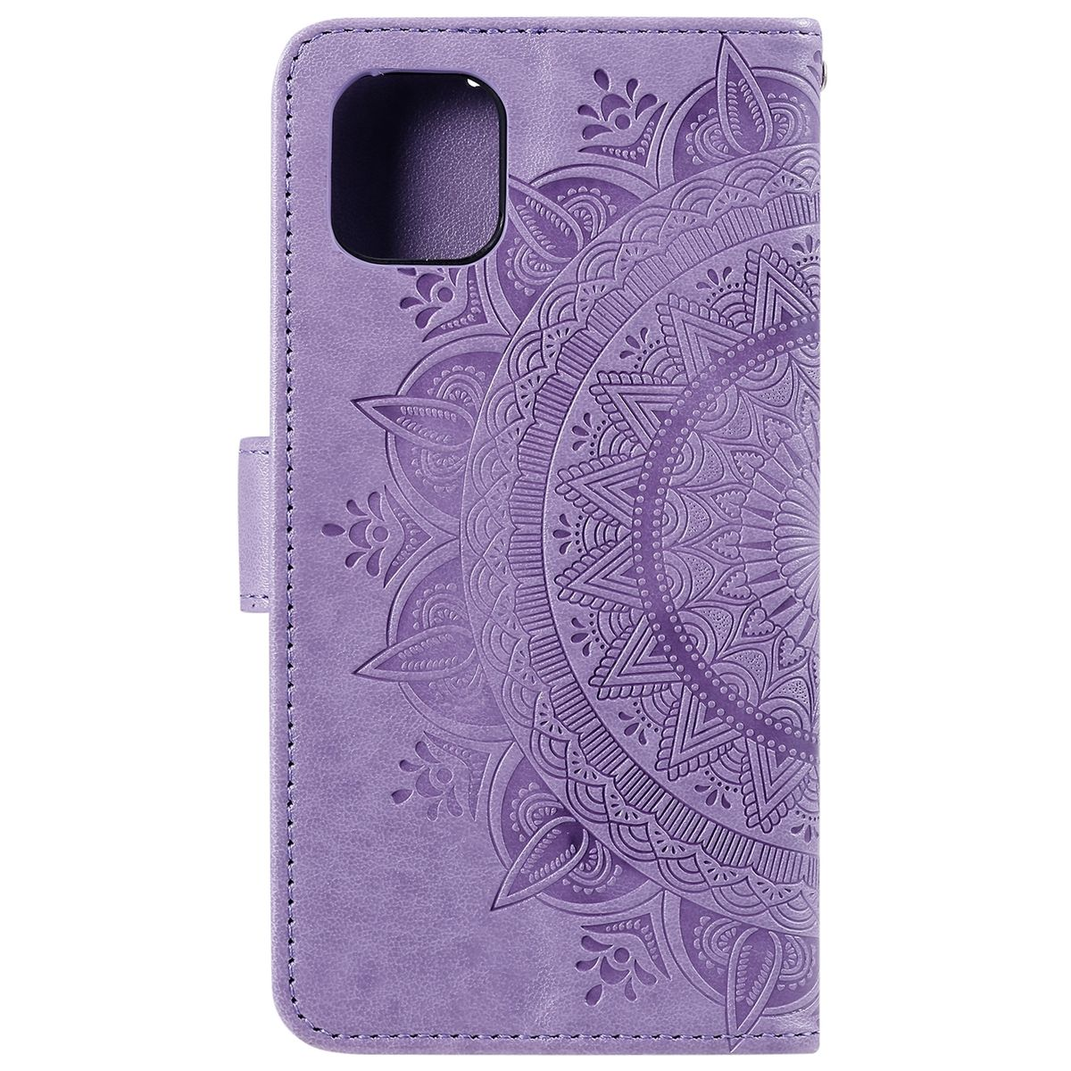 Eine lila Handyhülle mit einem Mandala-Design auf der Abdeckung.
