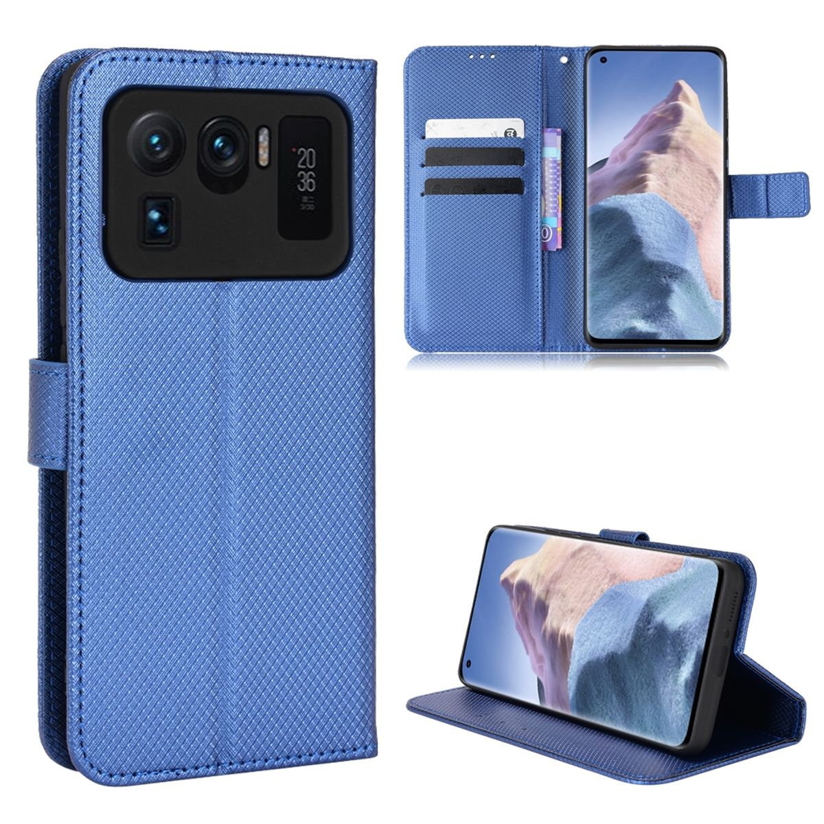 Blaue Handyhülle offen, mit Telefon und Kartenfächern. Telefon zeigt Landschaft.
