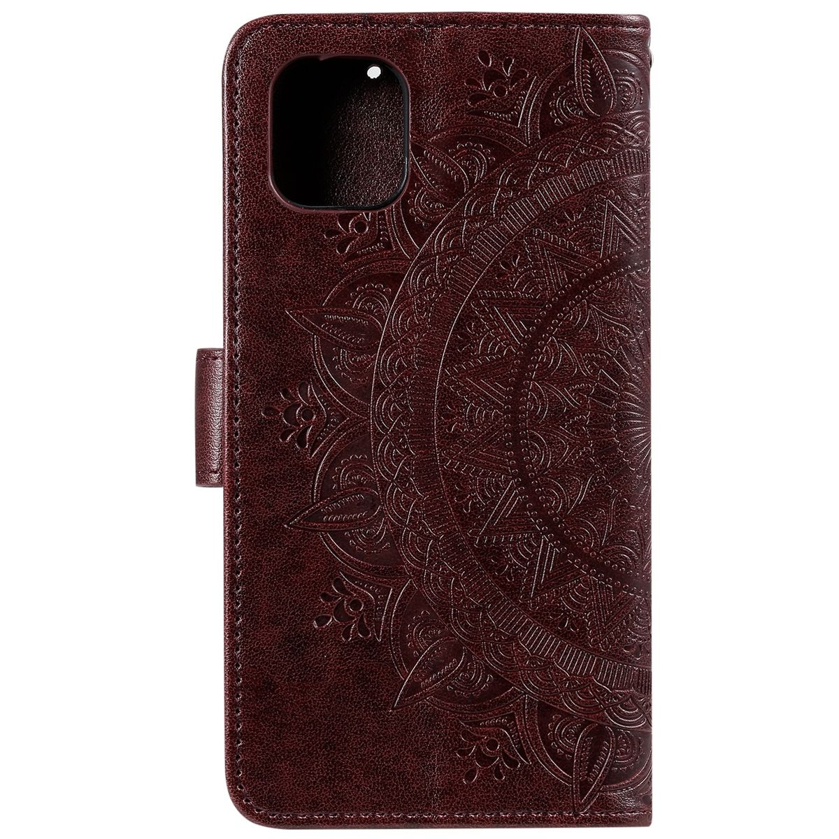 Braune Handyhülle mit Mandala-Design. Die Hülle ist geschlossen. Weißer Hintergrund.