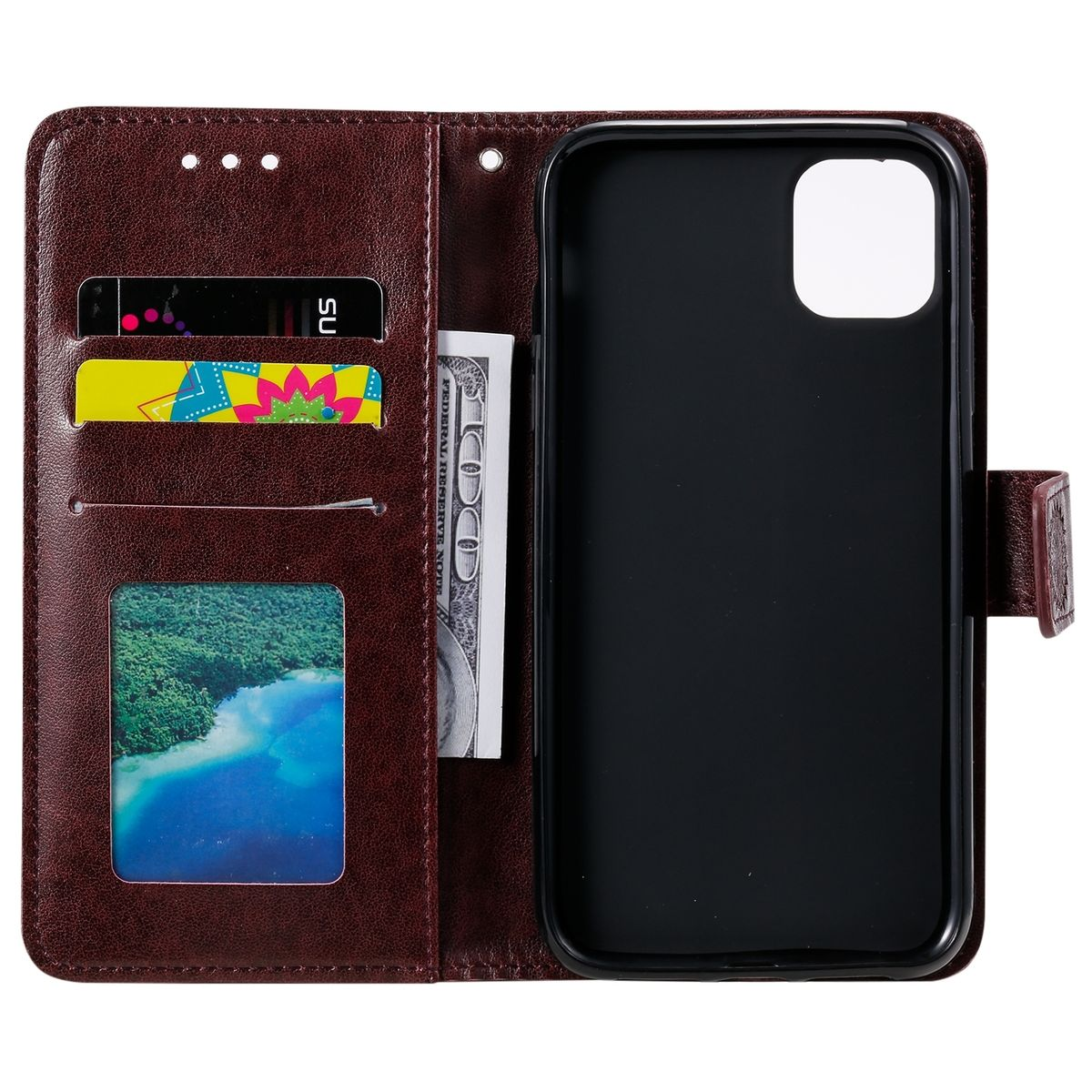 Eine braune Leder-Handy-Geldbörsenhülle, offen, mit Kartenfächern, Bargeld und einem Telefon mit dunklem Bildschirm.