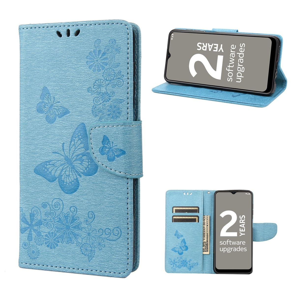 Blaue Handyhülle mit Schmetterlingsdesign; mehrere Ansichten der Telefonanzeige.