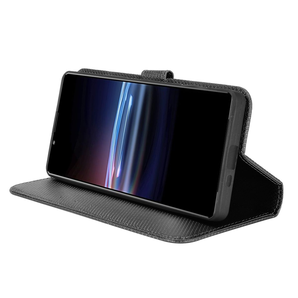 Schwarze Handyhülle mit Telefon darin. Das Telefon ist geöffnet, der Bildschirm ist an.