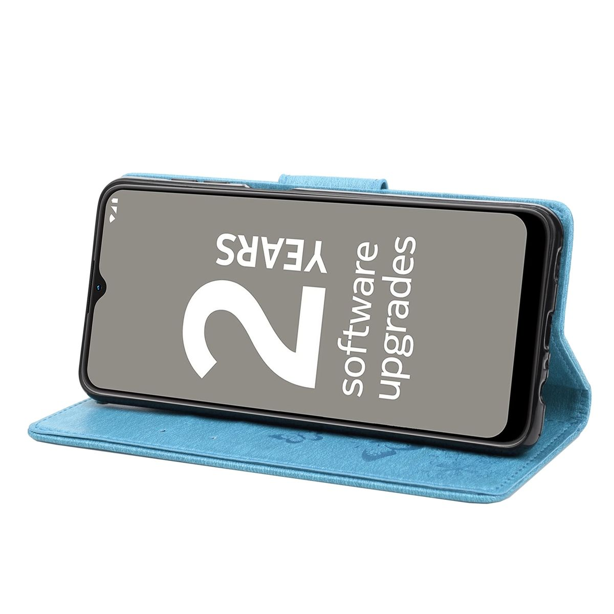 Eine blaue Handyhülle mit Telefon. Das Telefon zeigt Text: '2 Jahre Software-Upgrades'.
