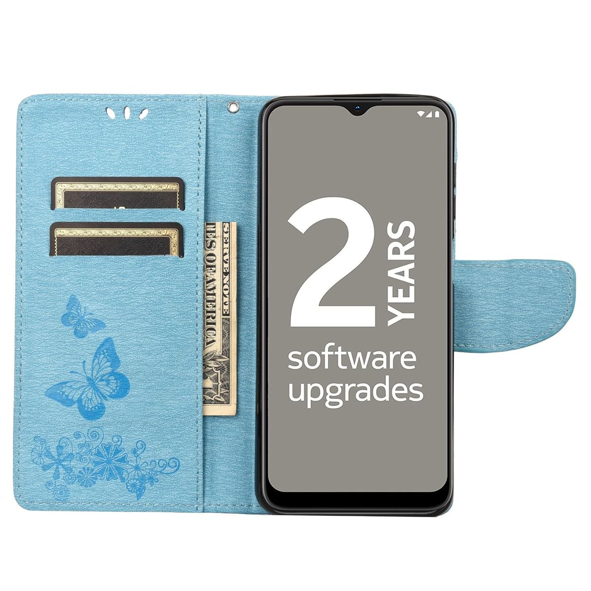 Blaue Handyhülle offen, mit Telefon, das Software-Upgrade-Text anzeigt, zwei Kartenfächer und einen Dollarschein.