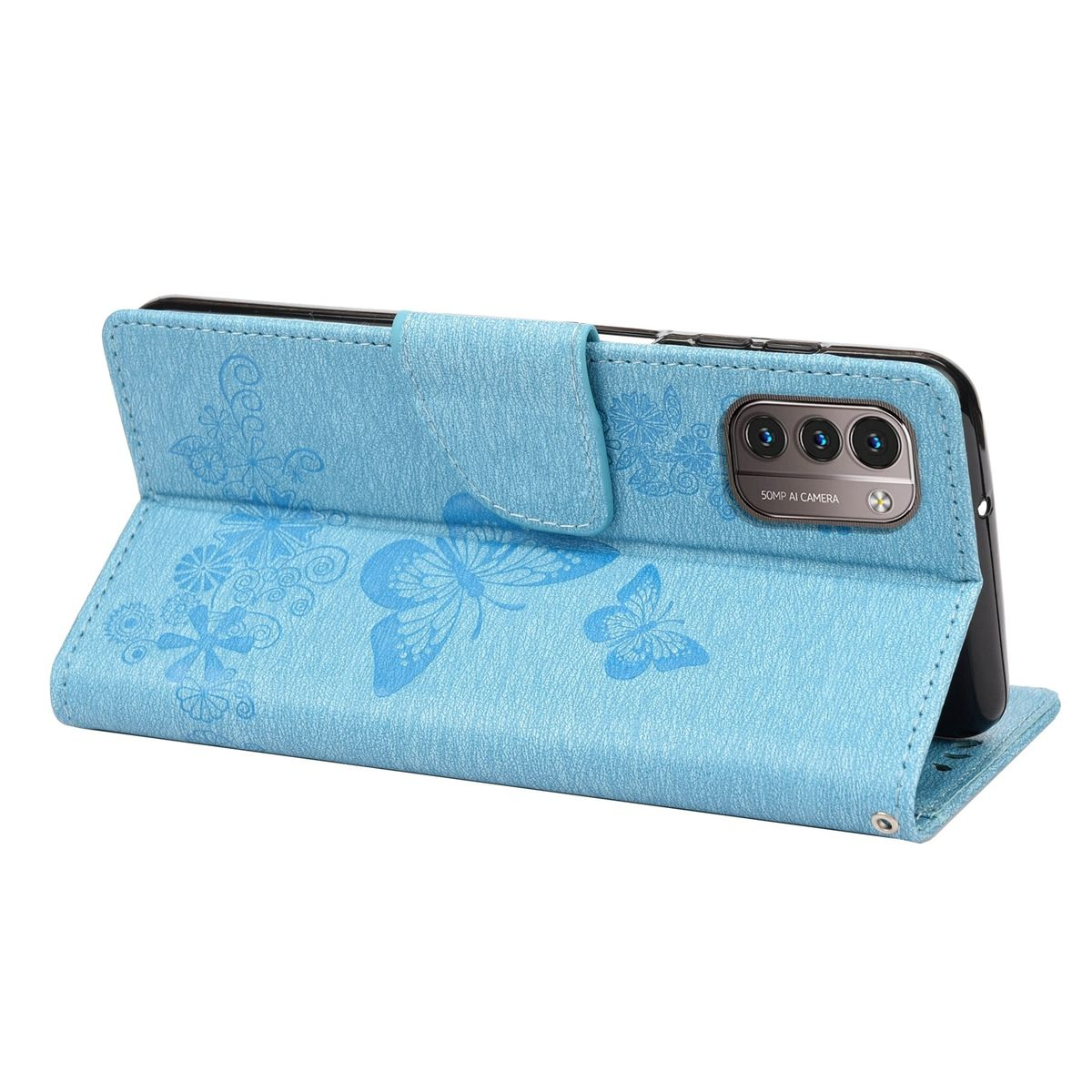 Blaue Handyhülle mit Schmetterlingsdesign. Telefon in offener Hülle. Hülle hat Blumen- und Schmetterlingsdetails.