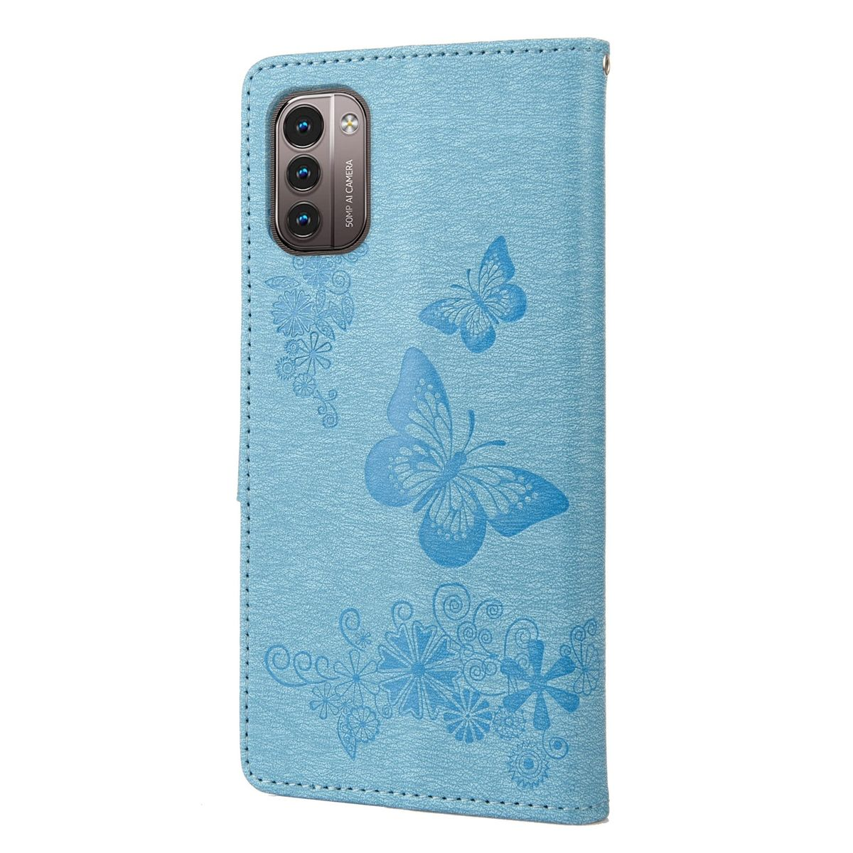 Hellblaue Handyhülle mit Schmetterlings- und Blumenmustern. Ein Telefon ist darin.