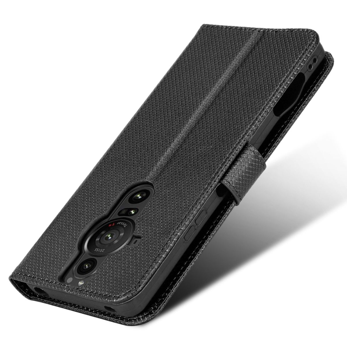 Schwarze Handyhülle mit strukturiertem Muster, bedeckt ein Telefon mit mehreren Kameralinsen.