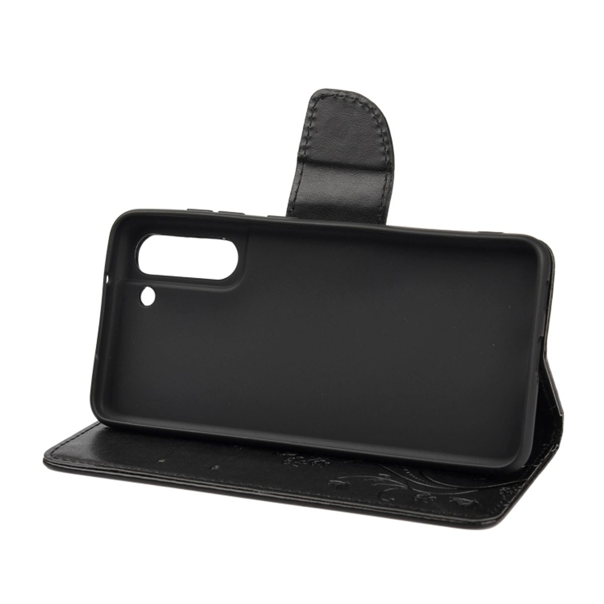 Schwarze Handyhülle offen, zeigt Telefonhalter und geprägtes Design auf der Innenseite.