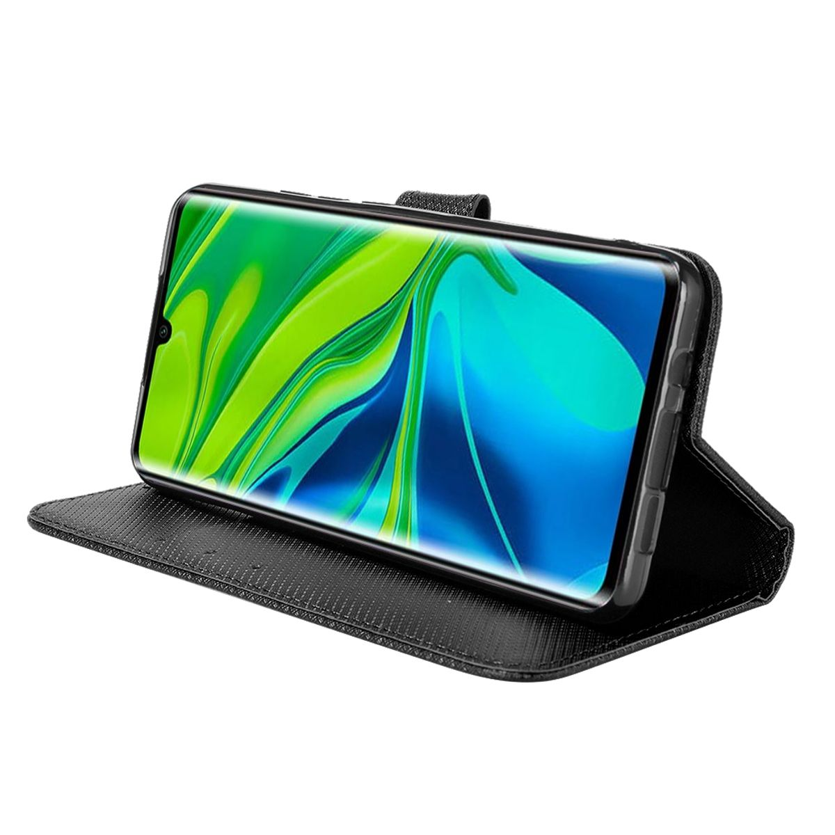 Schwarze Handyhülle offen, mit einem Telefonbildschirm, der einen blau-grünen Farbverlauf zeigt.