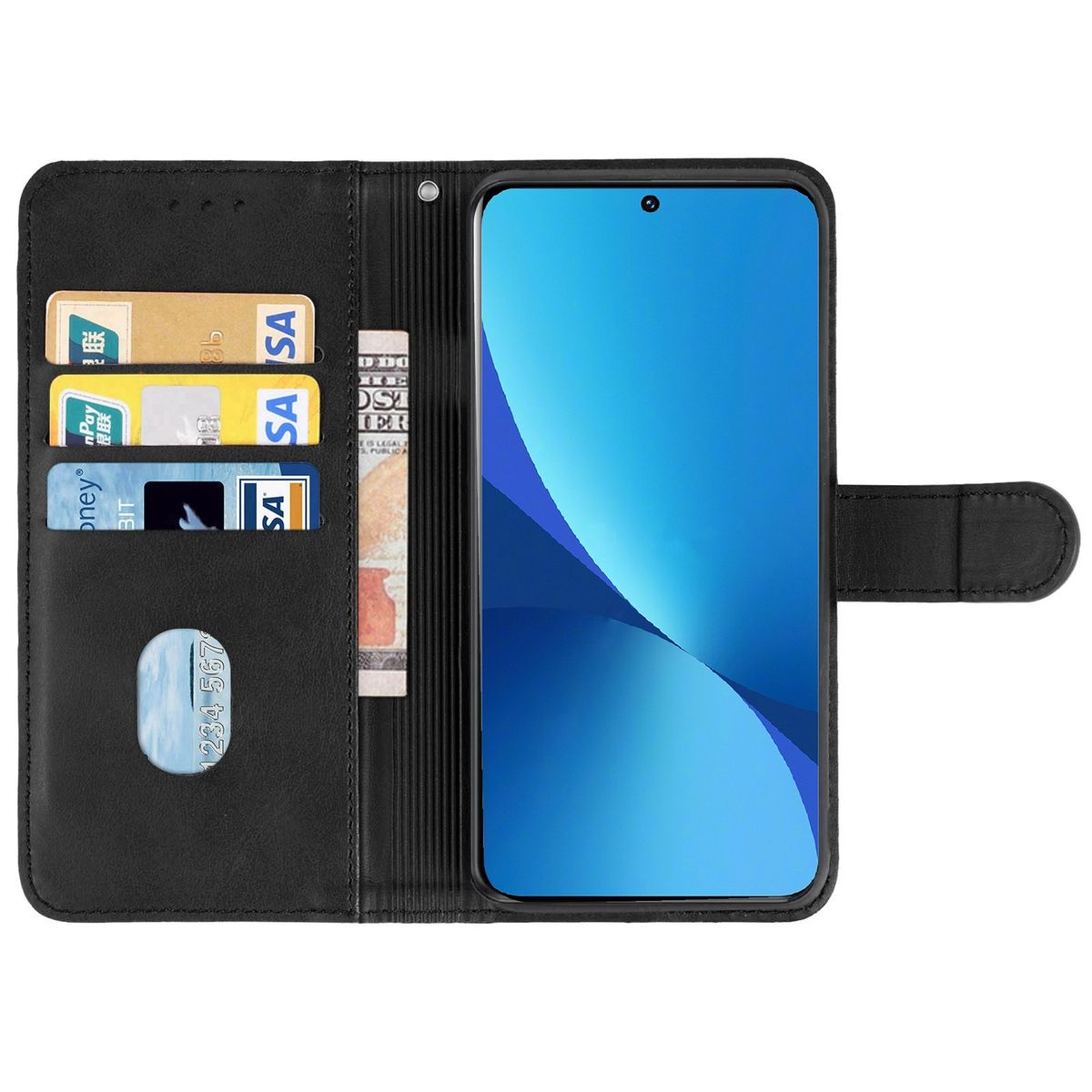 Offene schwarze Handyhülle mit Karten und US-Dollar sichtbar. Der Telefonbildschirm ist blau.