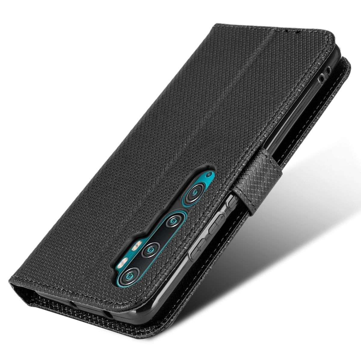 Schwarze Handyhülle mit Telefon darin. Die Hülle ist geschlossen. Der Hintergrund ist weiß.