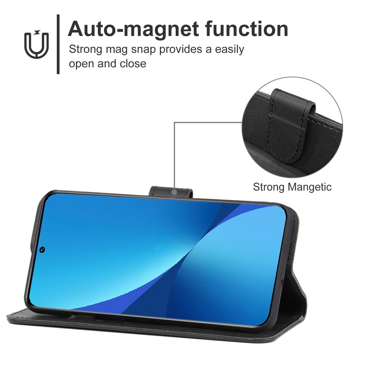Telefon in einer schwarzen Handyhülle mit Auto-Magnet-Funktion. Text und Diagramm werden angezeigt.