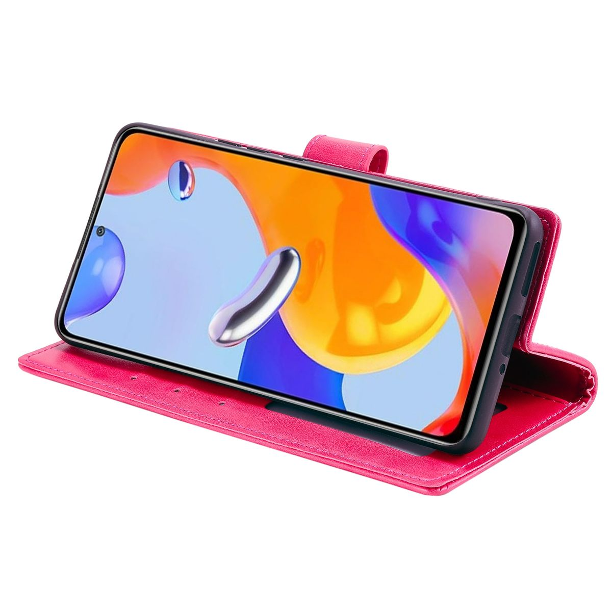 Telefon in rosa Hülle, offen. Der Bildschirm zeigt eine App mit orange-blauem Hintergrund.