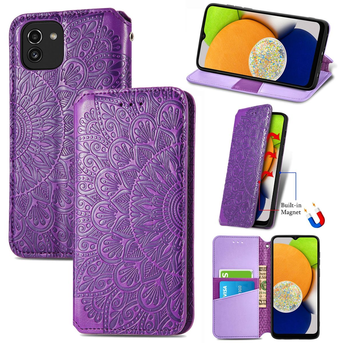 Lila Handyhülle mit floralem Muster. Sie hat Kartenfächer und einen Magnetverschluss. Telefon ist auf dem Display.