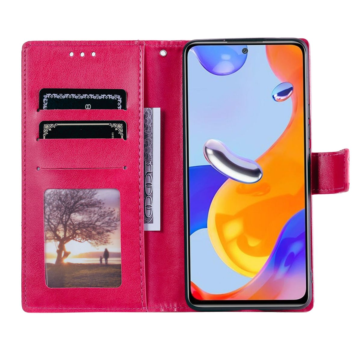 Pinke Handyhülle offen, mit Telefon, das orangefarbenes Hintergrundbild und drei Kartenfächer zeigt, ein Bildfach.