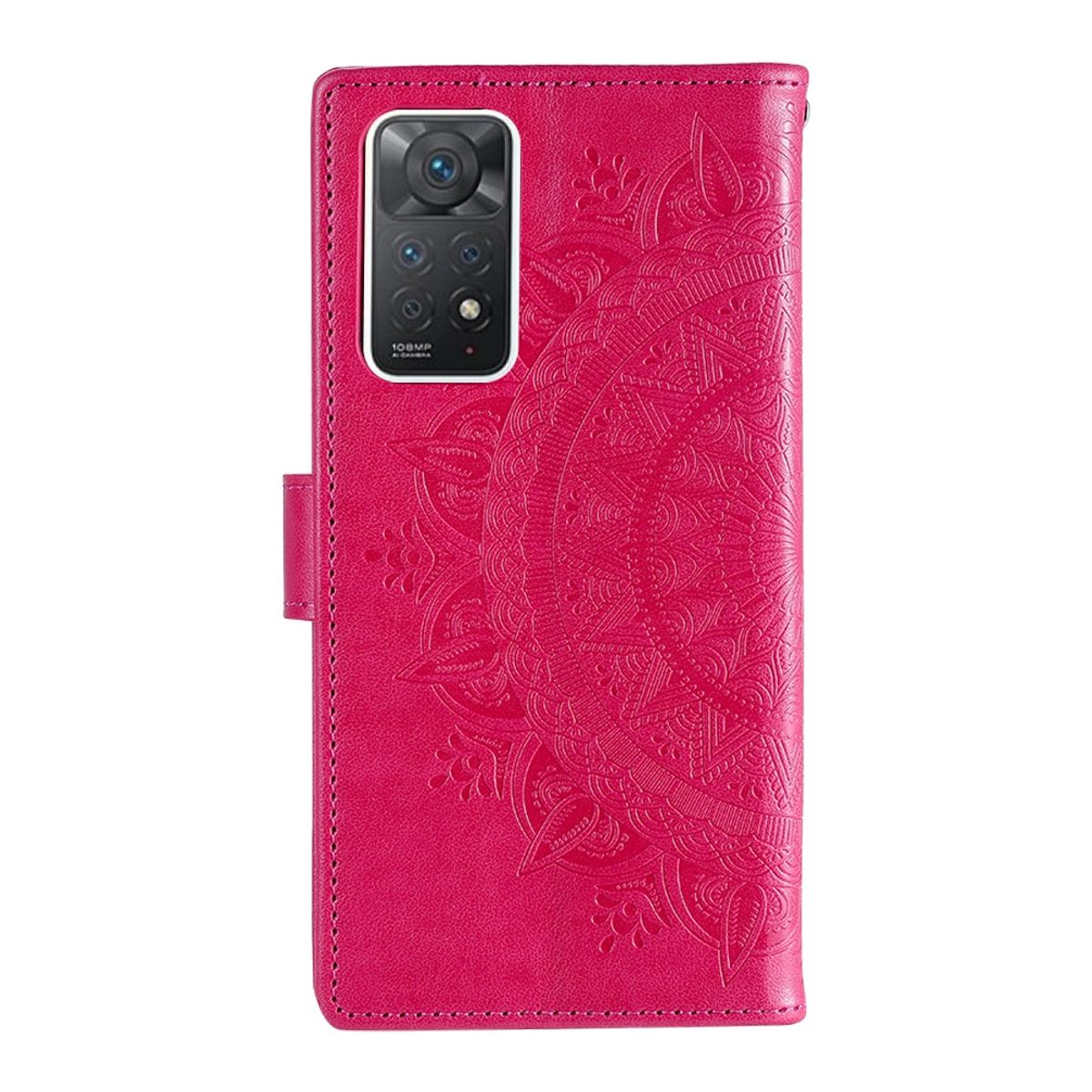 Pinkfarbene Handyhülle mit Mandala-Design. Sie ist geöffnet und gibt die Handykamera frei.