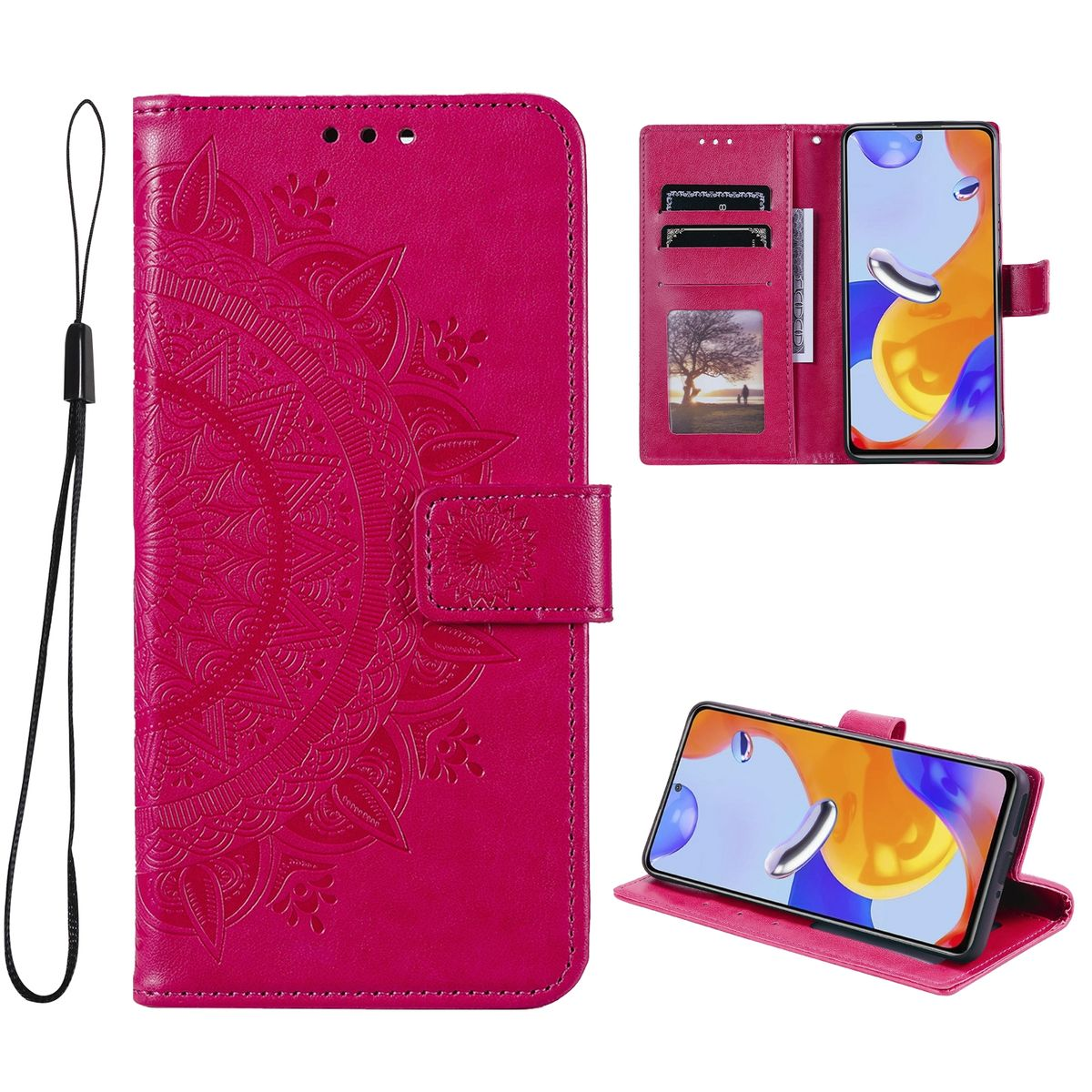 Rosa Handyhülle mit Mandala. Das Telefon zeigt einen farbenfrohen, abstrakten Hintergrund.