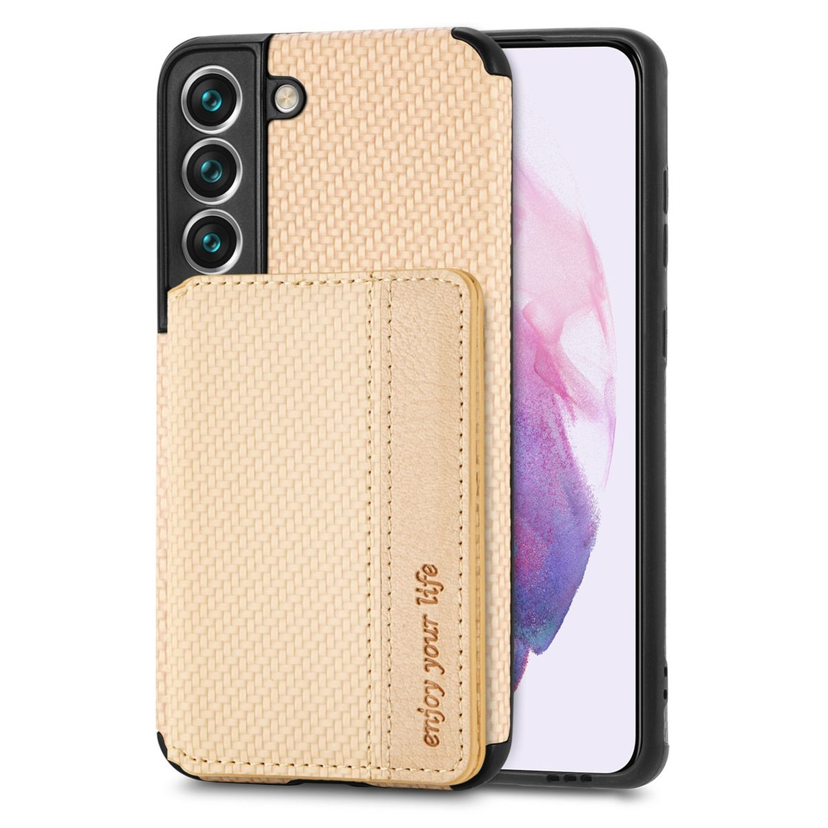 Beige Handyhülle mit Kartenhalter und Telefon mit schwarzem Bildschirm.