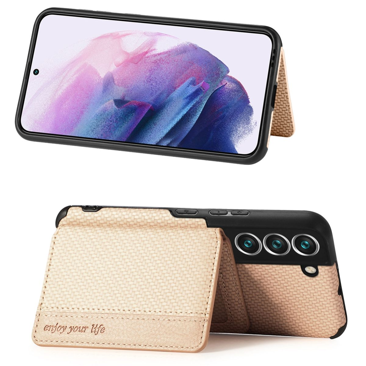 Geöffnete Handyhülle mit Telefon. Die Hülle ist hellbraun, mit dem Text 'enjoy your life'.