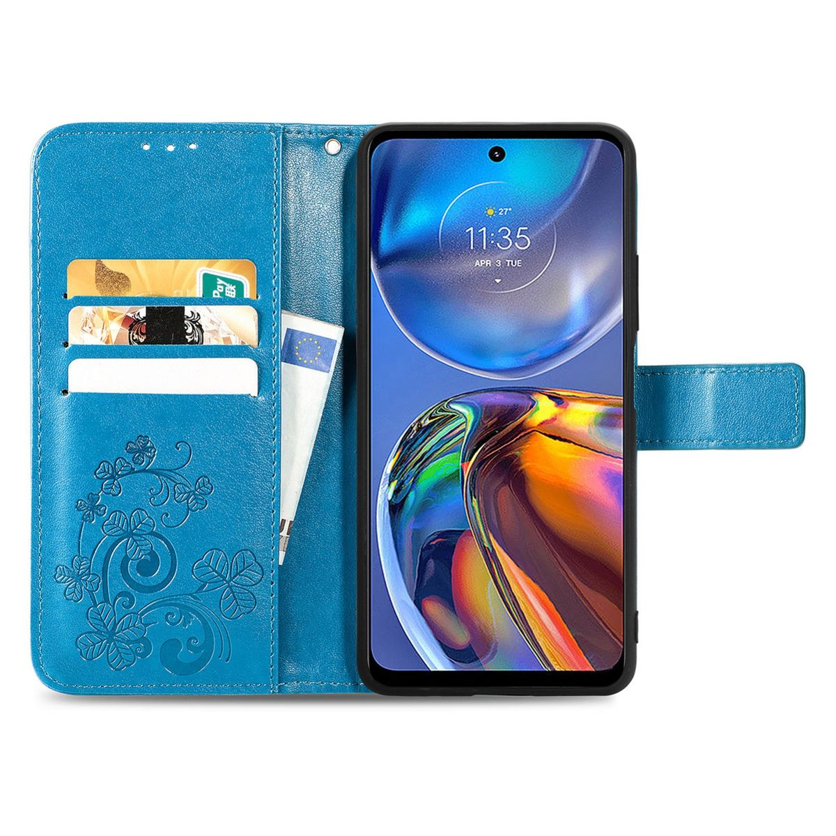 Geöffnete blaue Handyhülle mit Karten, Geld und Telefon mit Display.