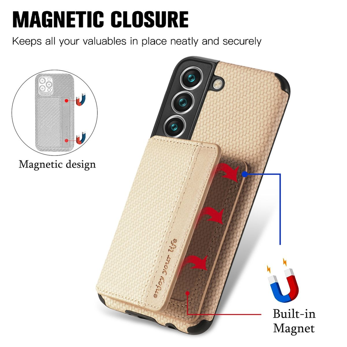 Handyhülle mit Magnetverschluss. Die Hülle ist beige, mit Telefon und Magnetdetails.