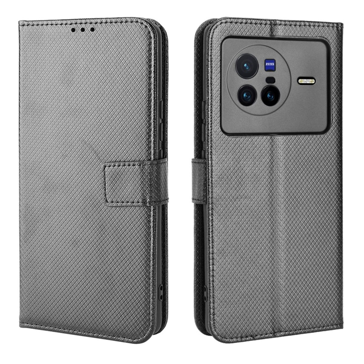 Graue Telefonbrieftasche offen. Telefon rechts mit Kamera und Bildschirm.