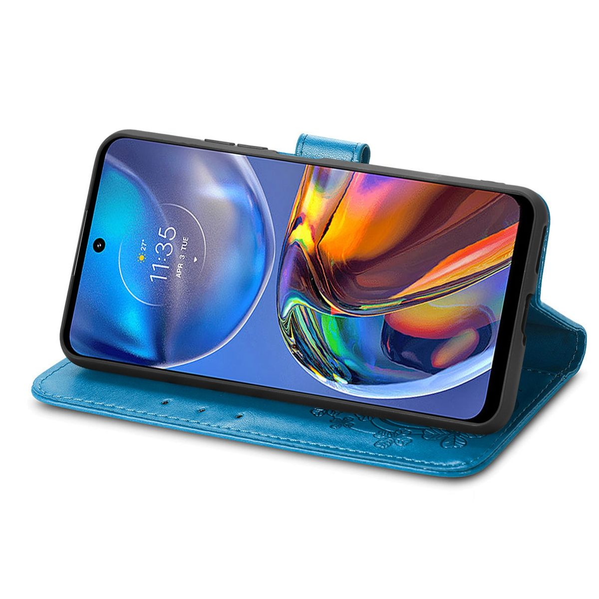 Offene blaue Handyhülle. Telefon zeigt bunten Hintergrund. Hülle hat Blumendesign am Boden.