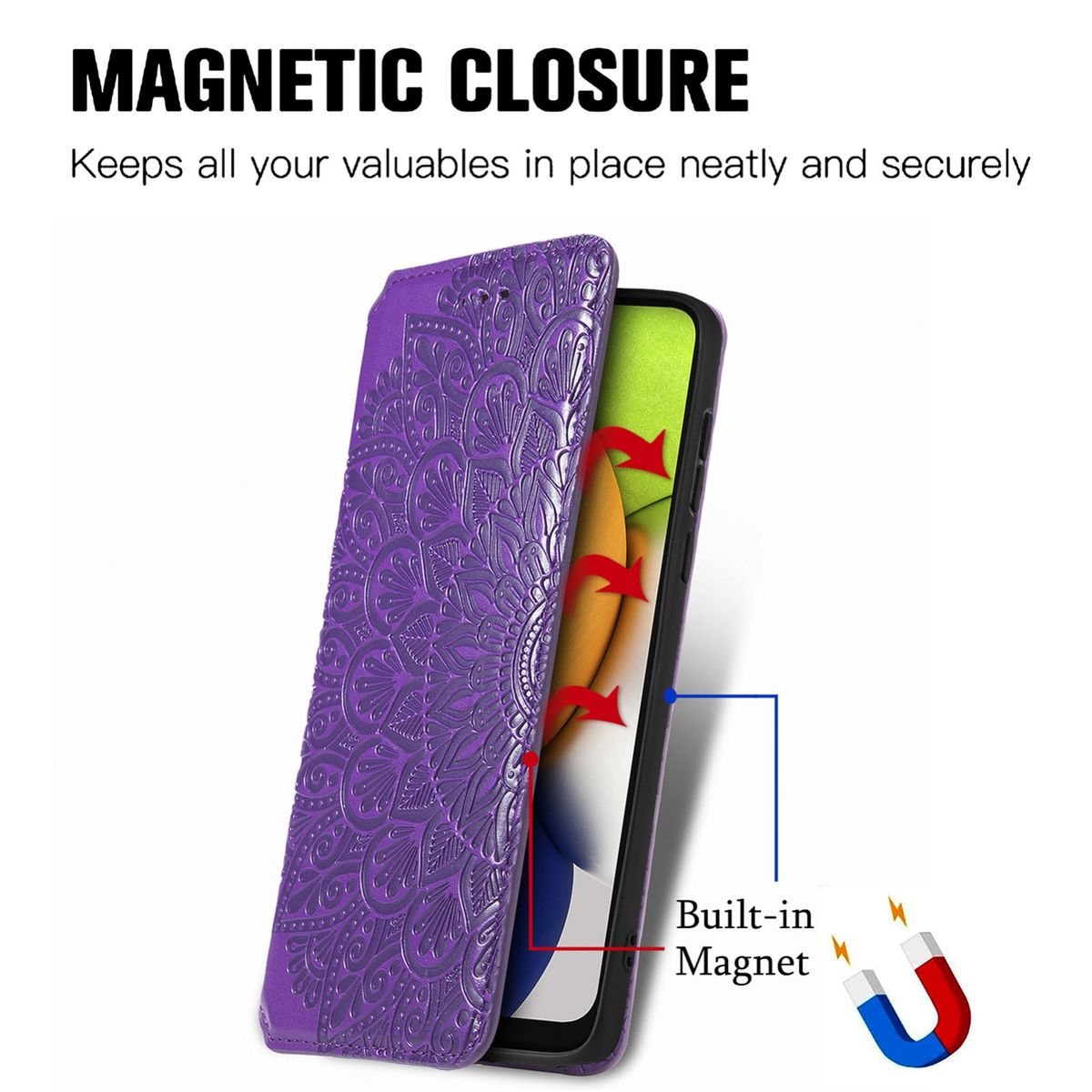 Lila Handyhülle mit Mandala-Design, Magnetverschluss. Telefon innen.