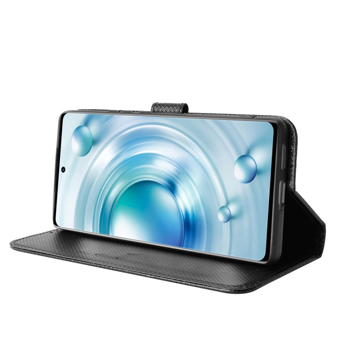 Telefon in schwarzer Hülle, mit blauem und weißem Bildschirm. Die Hülle ist strukturiert.