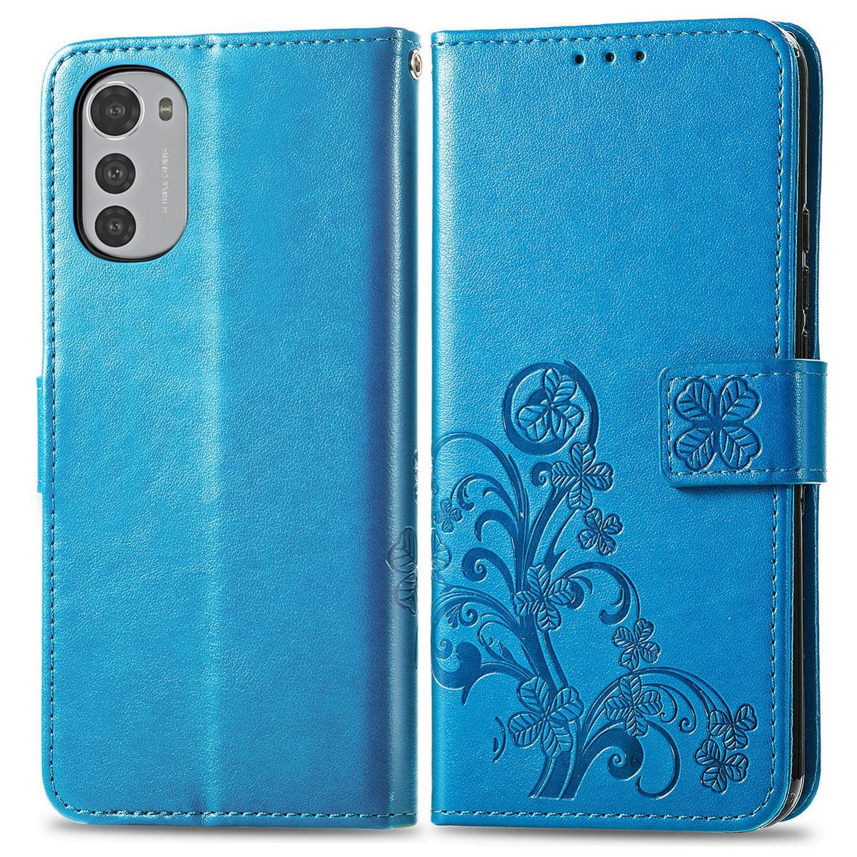 Blaue Handyhülle, geöffnet, mit Telefon. Blumenmuster und Magnetverschluss sichtbar.