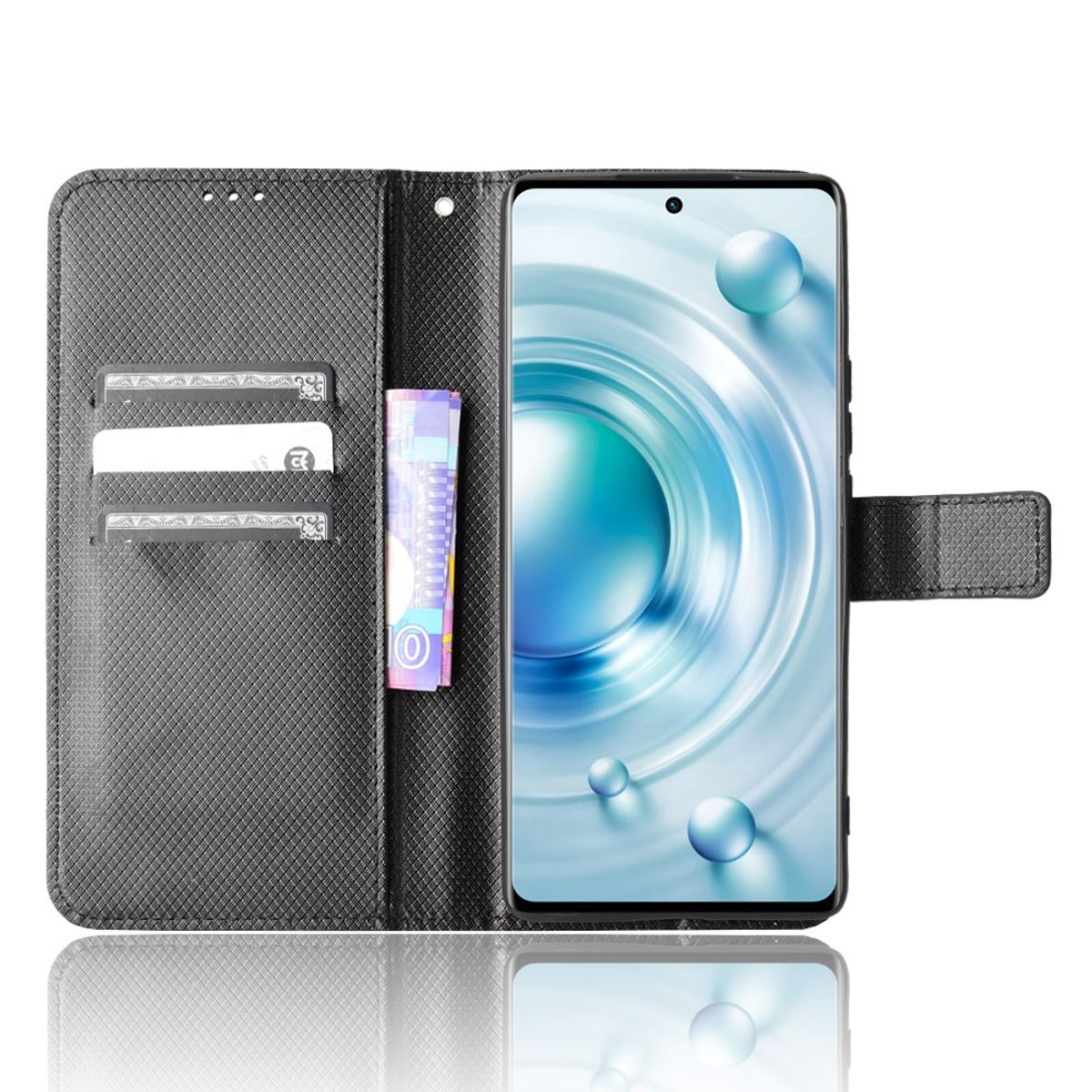 Eine schwarze Handyhülle offen, zeigt ein Telefon mit Bildschirm. Innen sind Kartenfächer und Geld.