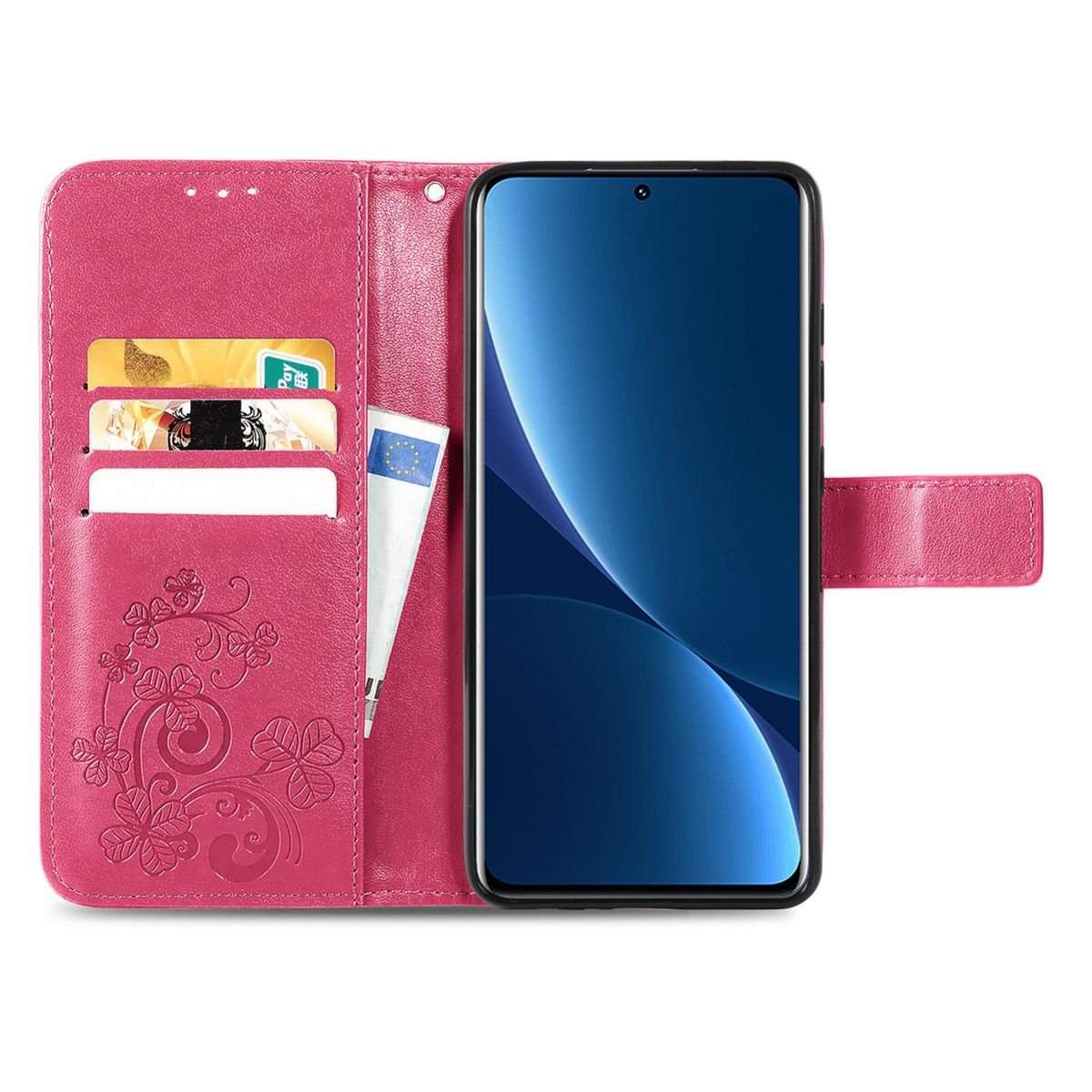 Pinke Handyhülle mit Telefon. Telefon zeigt blau-weißen Farbverlauf.