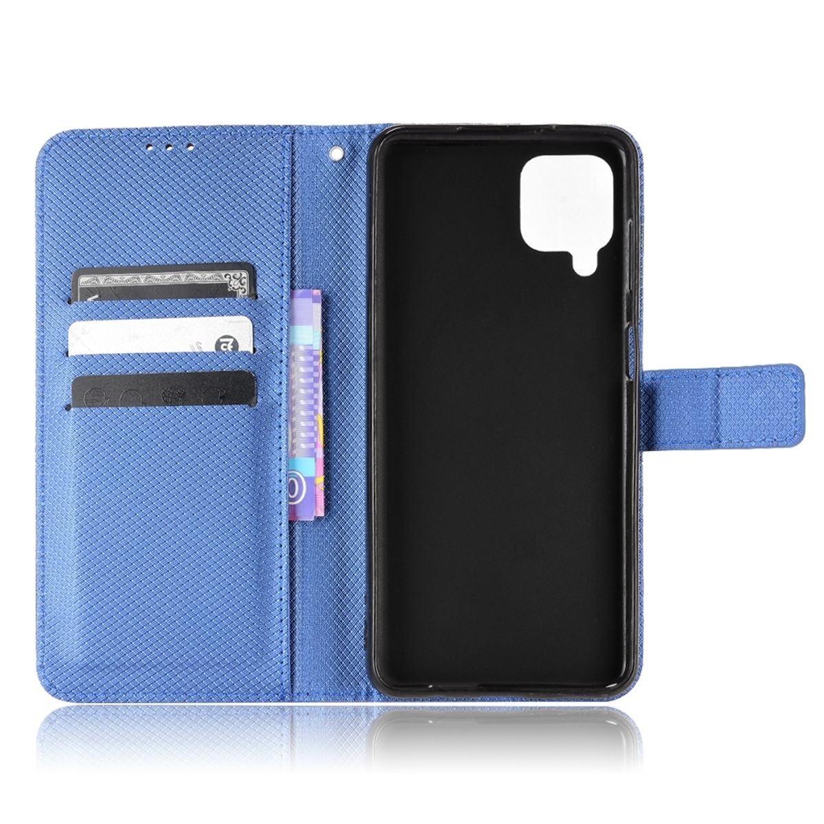Offene blaue Handyhülle mit Karten und einem Telefon. Das Telefon ist schwarz, mit leerem Bildschirm.