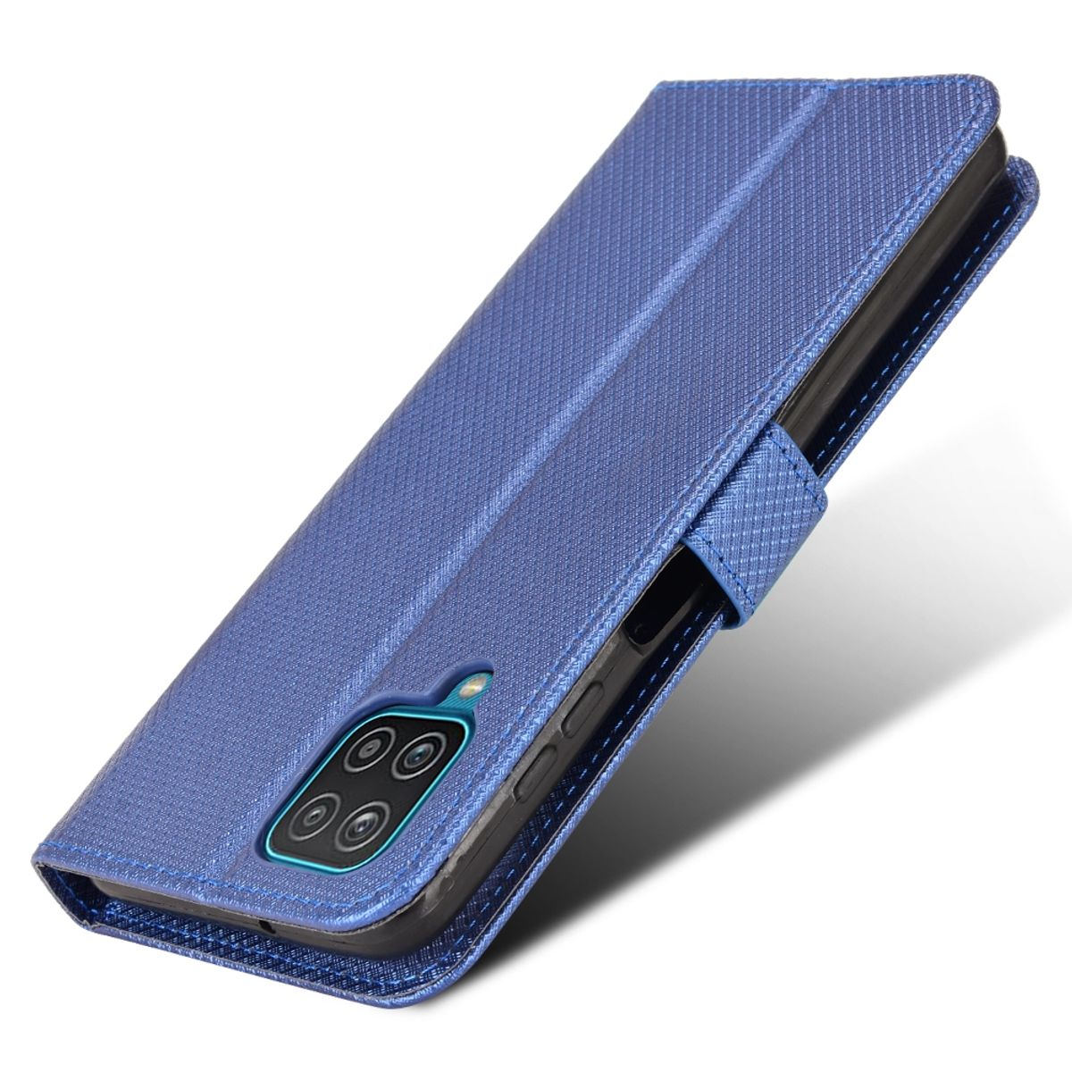 Blaue Handyhülle, schräge Ansicht. Die Hülle ist geschlossen und zeigt die Kamera des Telefons und eine strukturierte Oberfläche.