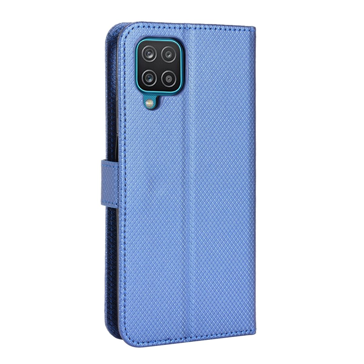 Blaue Handyhülle mit strukturiertem Muster, geschlossen. Die Hülle ist im Brieftaschenstil gehalten.