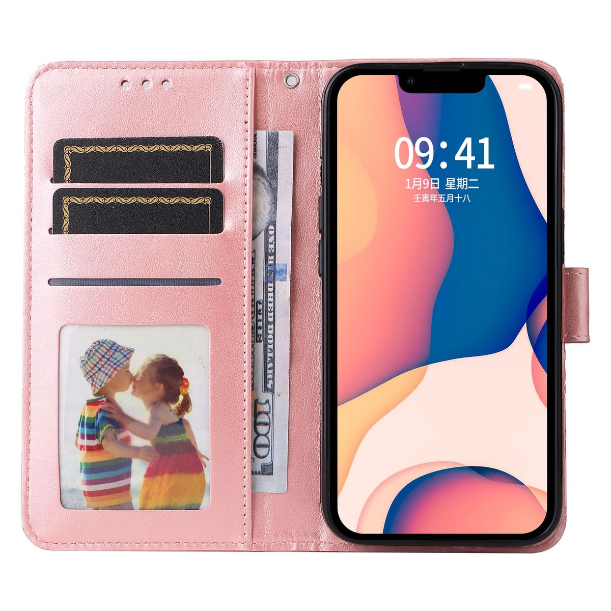 Rosa Handyhülle offen, mit Foto und Dollarnote innen. Telefon zeigt Kalender.