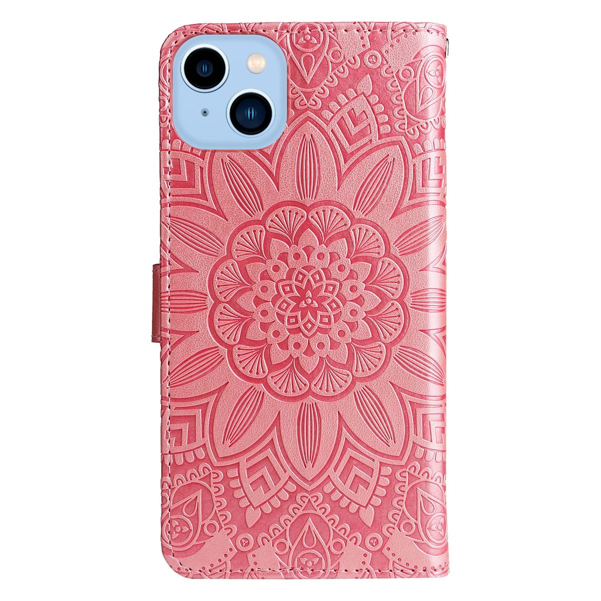 Rosa Handyhülle mit Mandala-Design. Die Handyhülle ist geschlossen.