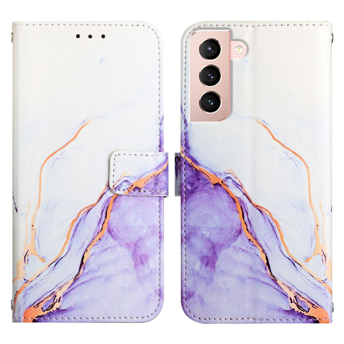 Weißes Marmor-Handycase, offen, Handy sichtbar. Gold- und Lila-Design. Drei Kameras an der Seite.