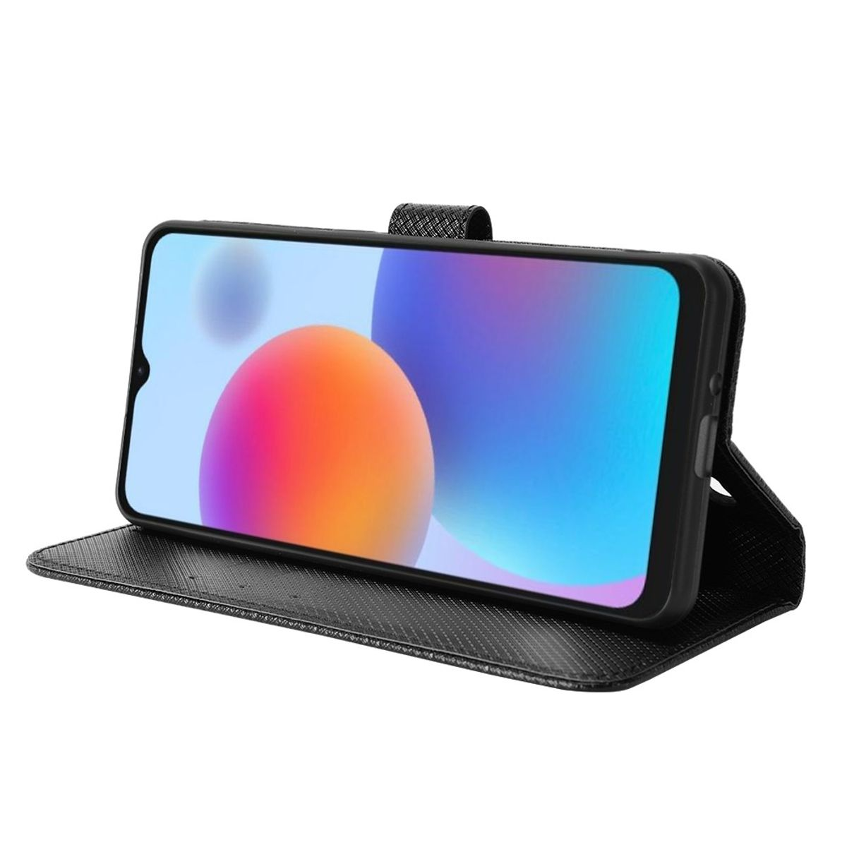 Geöffnete Handyhülle, Telefon ist innen, Bildschirm sichtbar. Die Hülle ist offen. Das Telefon steht auf einem Ständer.